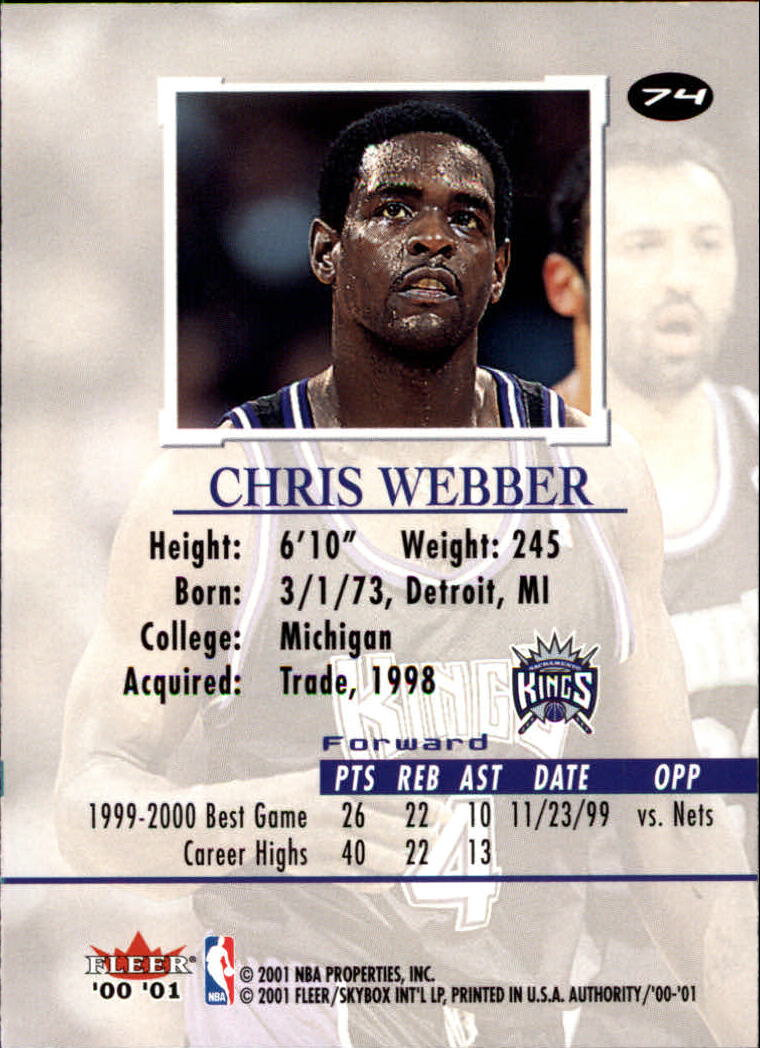 2000-01 Fleer Authority #74 Chris Webber back image