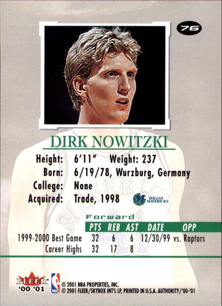 2000-01 Fleer Authority #76 Dirk Nowitzki back image