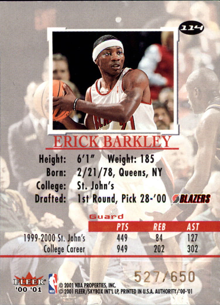 2000-01 Fleer Authority #114 Erick Barkley RC back image