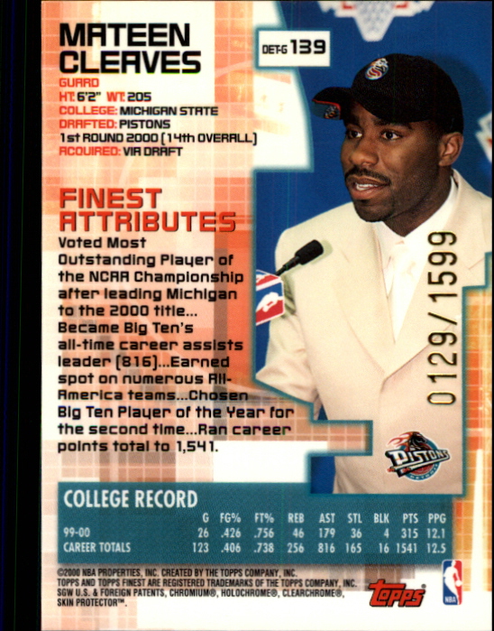 2000-01 Finest #139 Mateen Cleaves RC back image