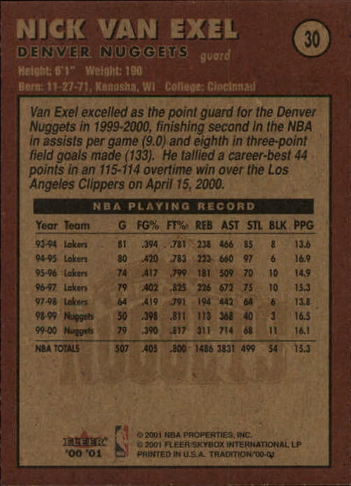 2000-01 Fleer #30 Nick Van Exel back image