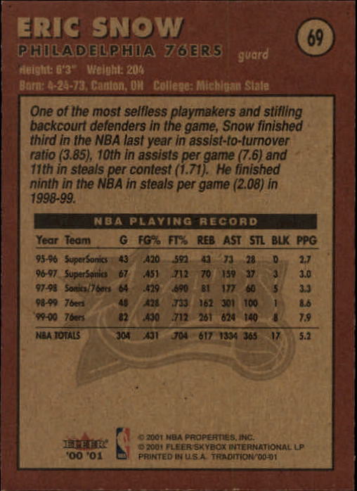 2000-01 Fleer #69 Eric Snow back image