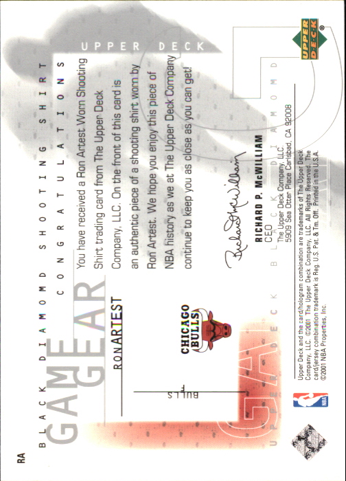 2000-01 Black Diamond Game Gear #RA Ron Artest back image