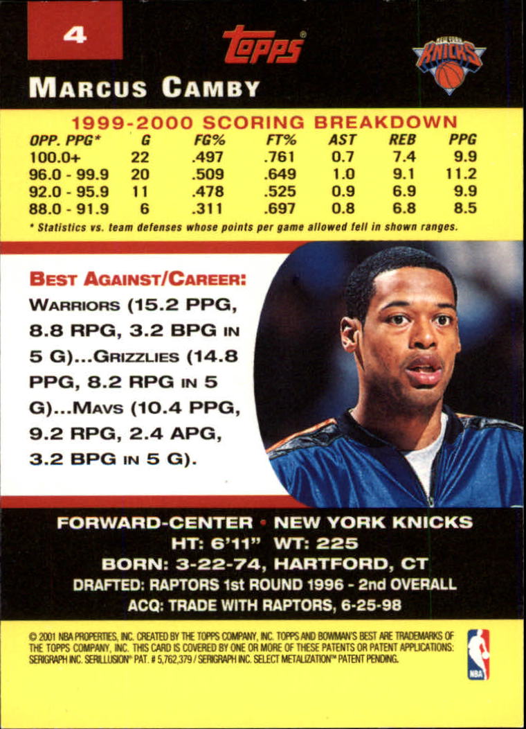 2000-01 Bowman's Best #4 Marcus Camby back image