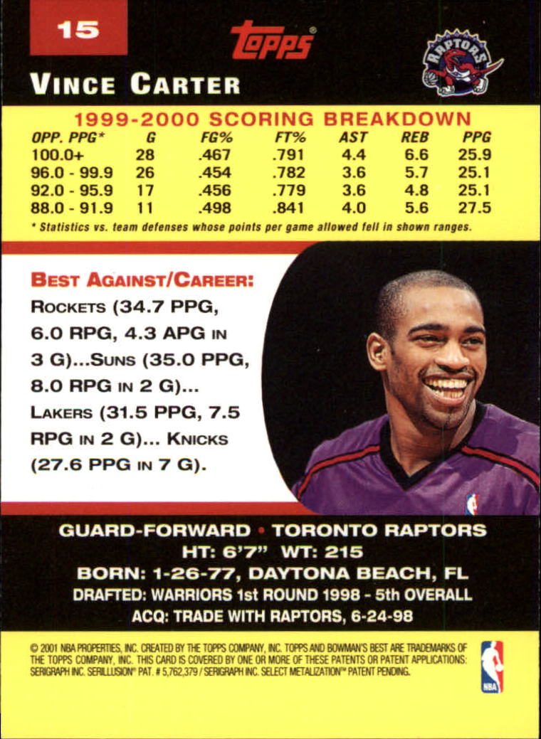 2000-01 Bowman's Best #15 Vince Carter back image