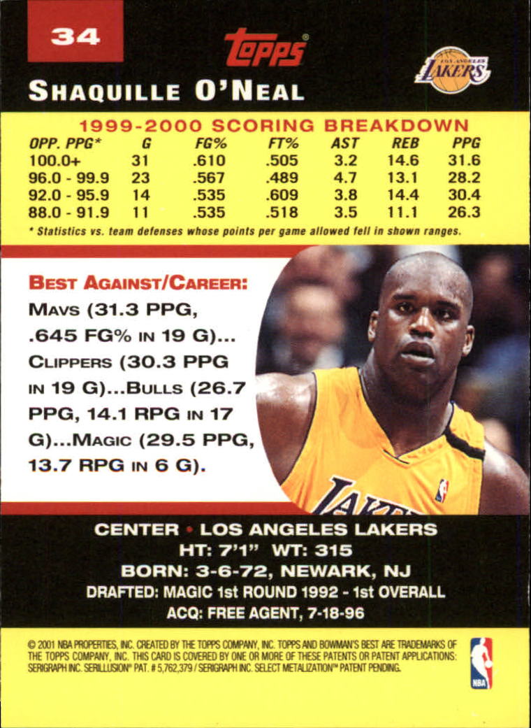 2000-01 Bowman's Best #34 Shaquille O'Neal back image