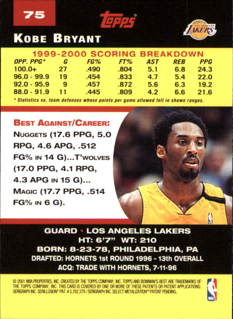 2000-01 Bowman's Best #75 Kobe Bryant back image