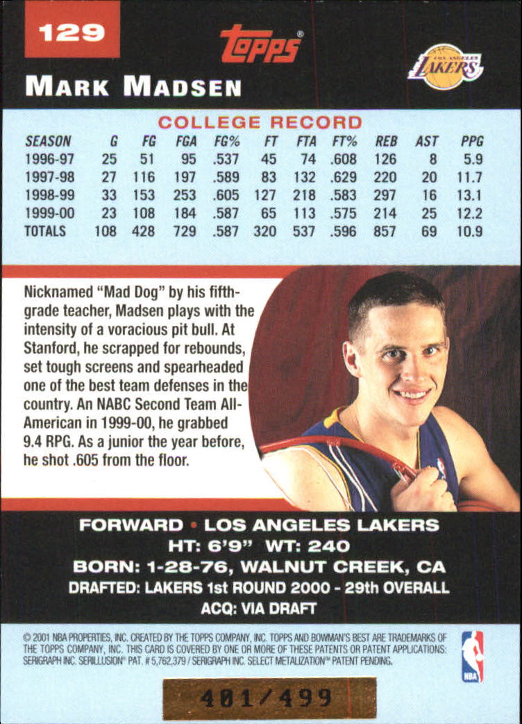 2000-01 Bowman's Best #129A Mark Madsen RC back image