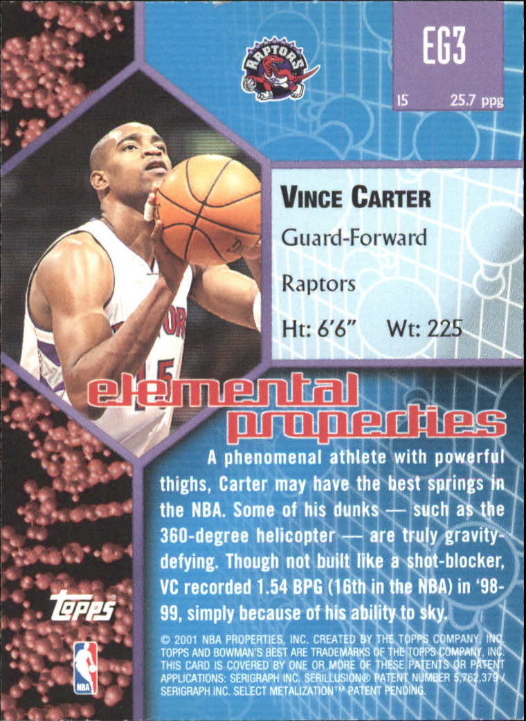 2000-01 Bowman's Best Elements of the Game #EG3 Vince Carter back image