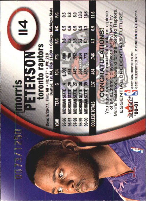 2000-01 E-X Rookie Memorabilia #114 Morris Peterson JSY/275 back image