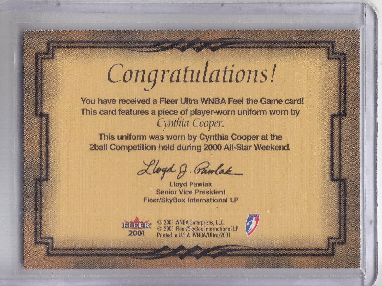 2001 Ultra WNBA Feel the Game #2 Cynthia Cooper back image