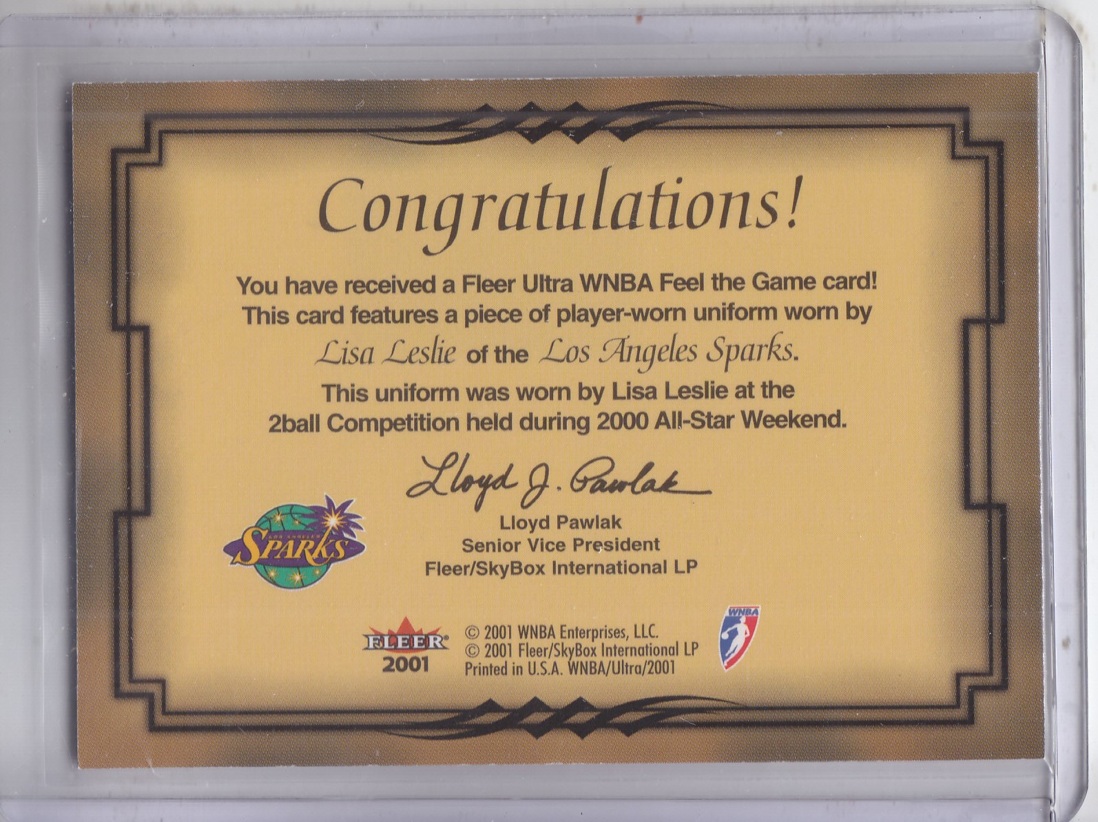 2001 Ultra WNBA Feel the Game #5 Lisa Leslie back image