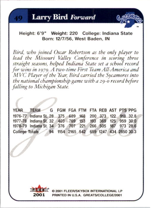 2001 Greats of the Game #49 Larry Bird back image