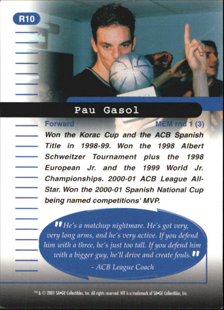 2001 SAGE HIT Rarefied Gold #R10 Pau Gasol back image