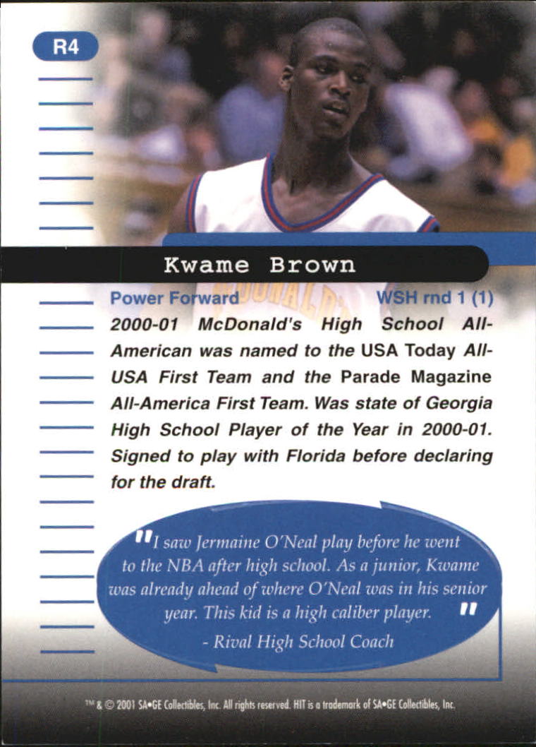 2001 SAGE HIT Rarefied Bronze #R4 Kwame Brown back image