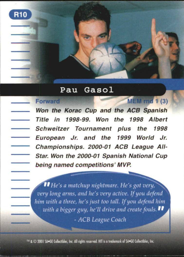 2001 SAGE HIT Rarefied Bronze #R10 Pau Gasol back image