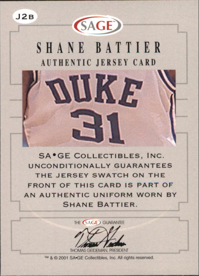 2001 SAGE Authentic Jerseys Red #J2B Shane Battier White back image