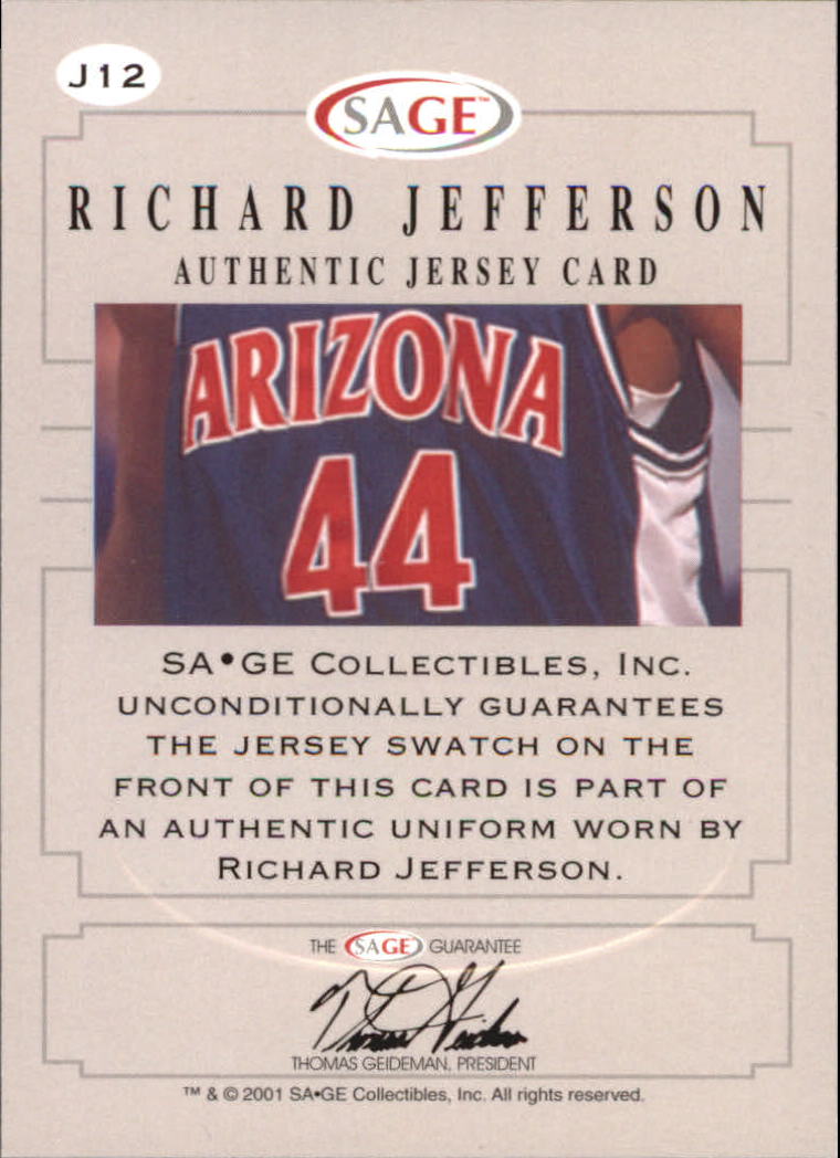 2001 SAGE Authentic Jerseys Bronze #J12 Richard Jefferson back image