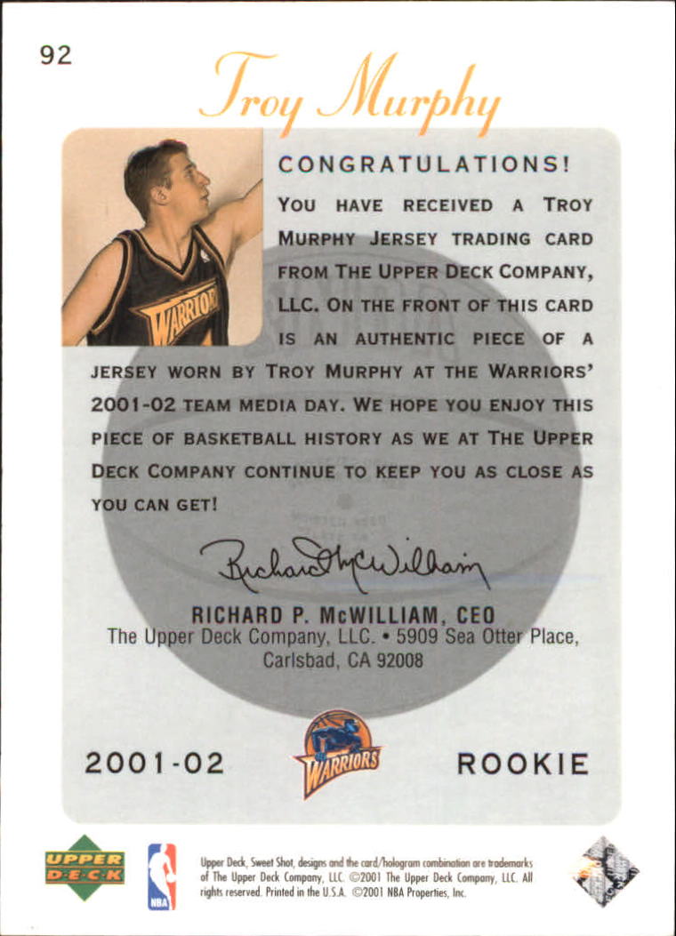 2001-02 Sweet Shot Rookie Memorabilia #92 Troy Murphy back image