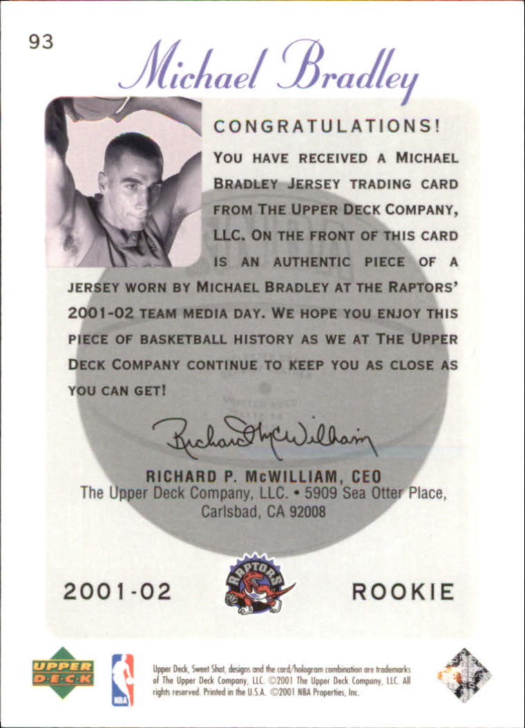 2001-02 Sweet Shot Rookie Memorabilia #93 Michael Bradley back image