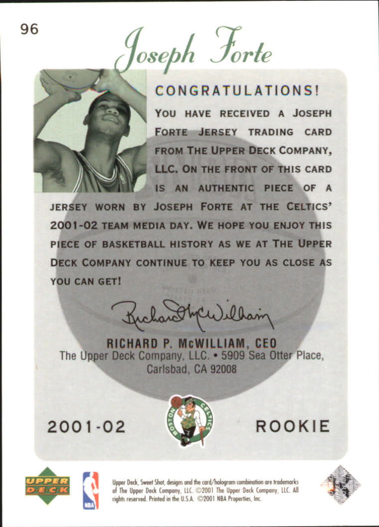 2001-02 Sweet Shot Rookie Memorabilia #96 Joseph Forte back image