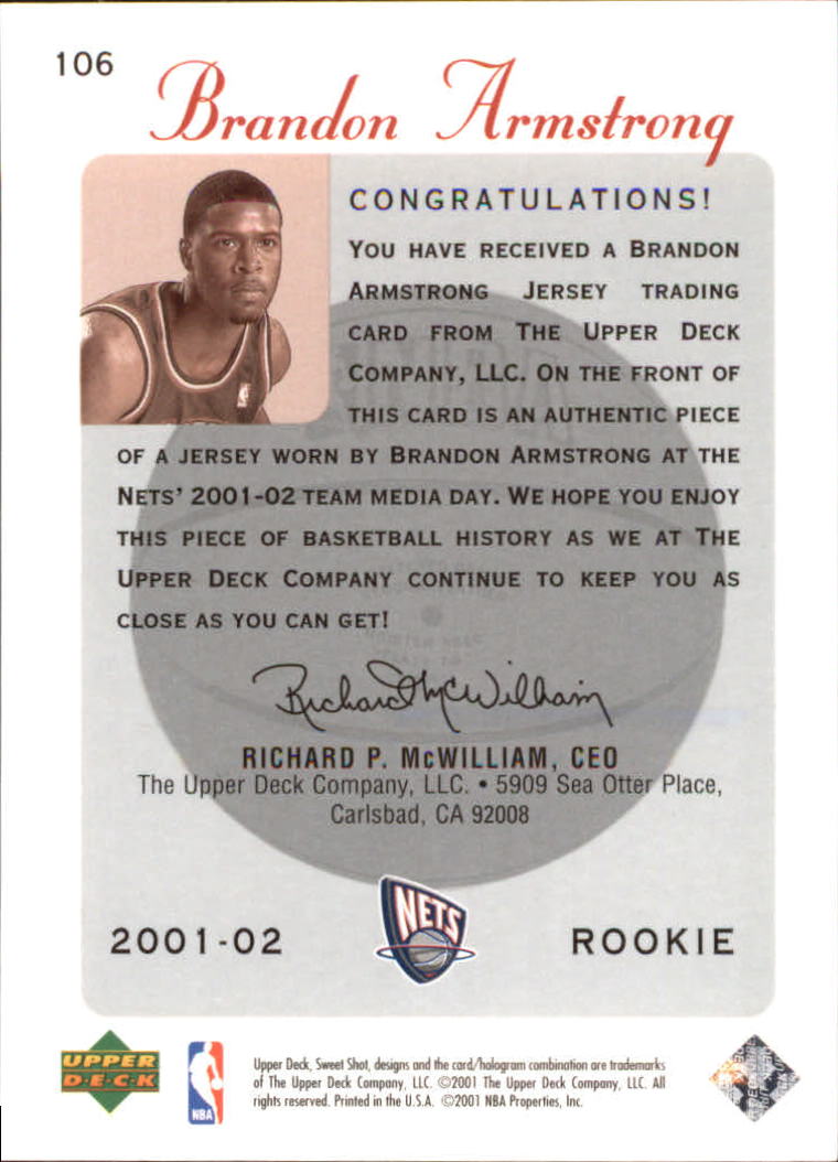 2001-02 Sweet Shot Rookie Memorabilia #106 Brandon Armstrong back image