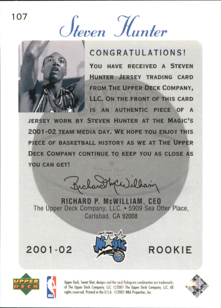 2001-02 Sweet Shot Rookie Memorabilia #107 Steven Hunter back image