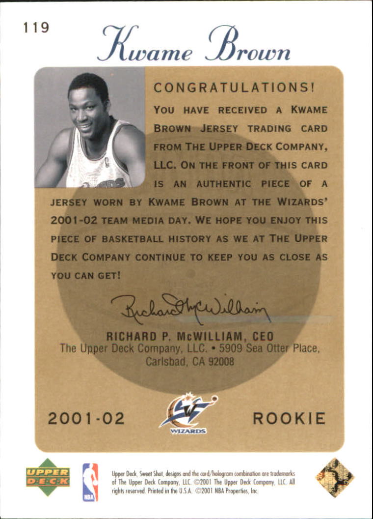 2001-02 Sweet Shot Rookie Memorabilia #119 Kwame Brown back image