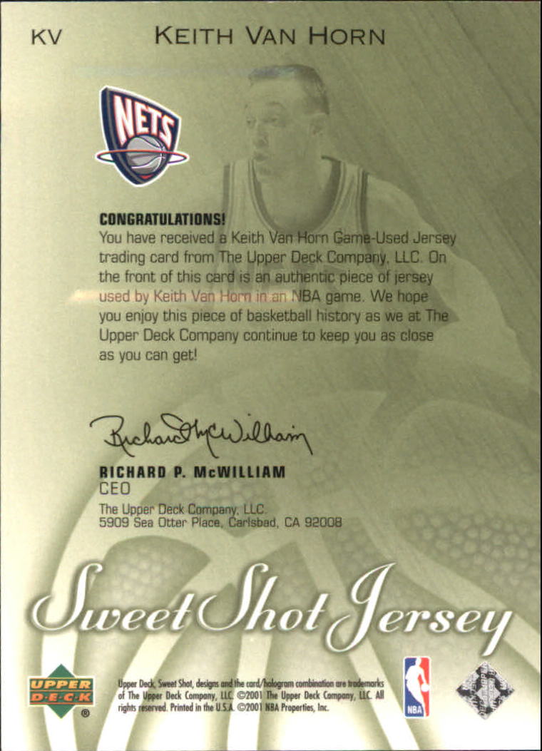 2001-02 Sweet Shot Game Jerseys #KV Keith Van Horn back image