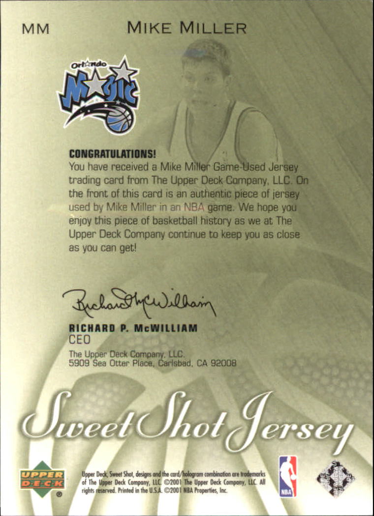 2001-02 Sweet Shot Game Jerseys #MM Mike Miller back image