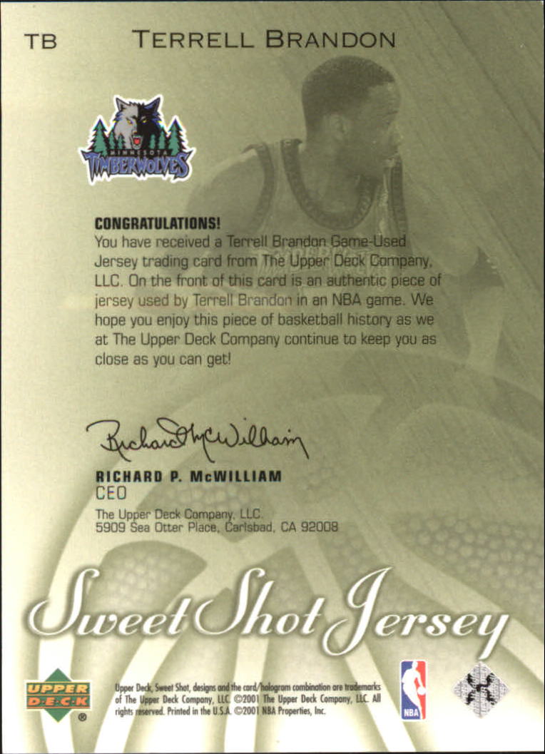 2001-02 Sweet Shot Game Jerseys #TB Terrell Brandon back image