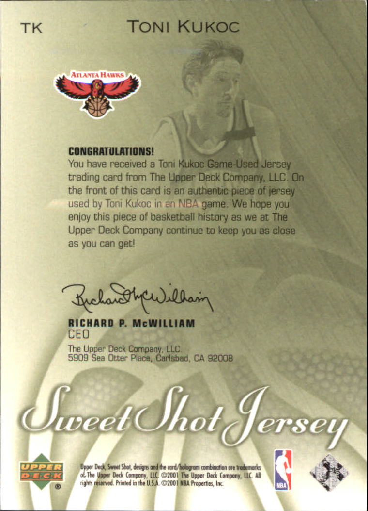 2001-02 Sweet Shot Game Jerseys #TK Toni Kukoc back image
