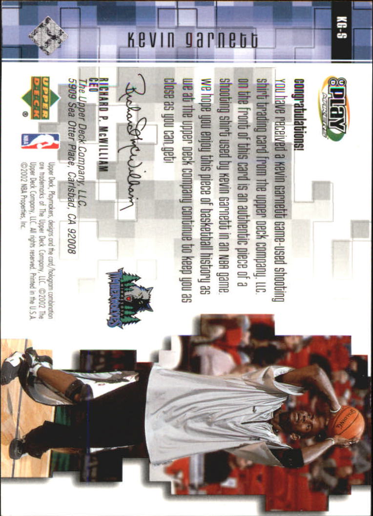 2001-02 Upper Deck Playmakers PC Shooting Shirt #KGS Kevin Garnett back image