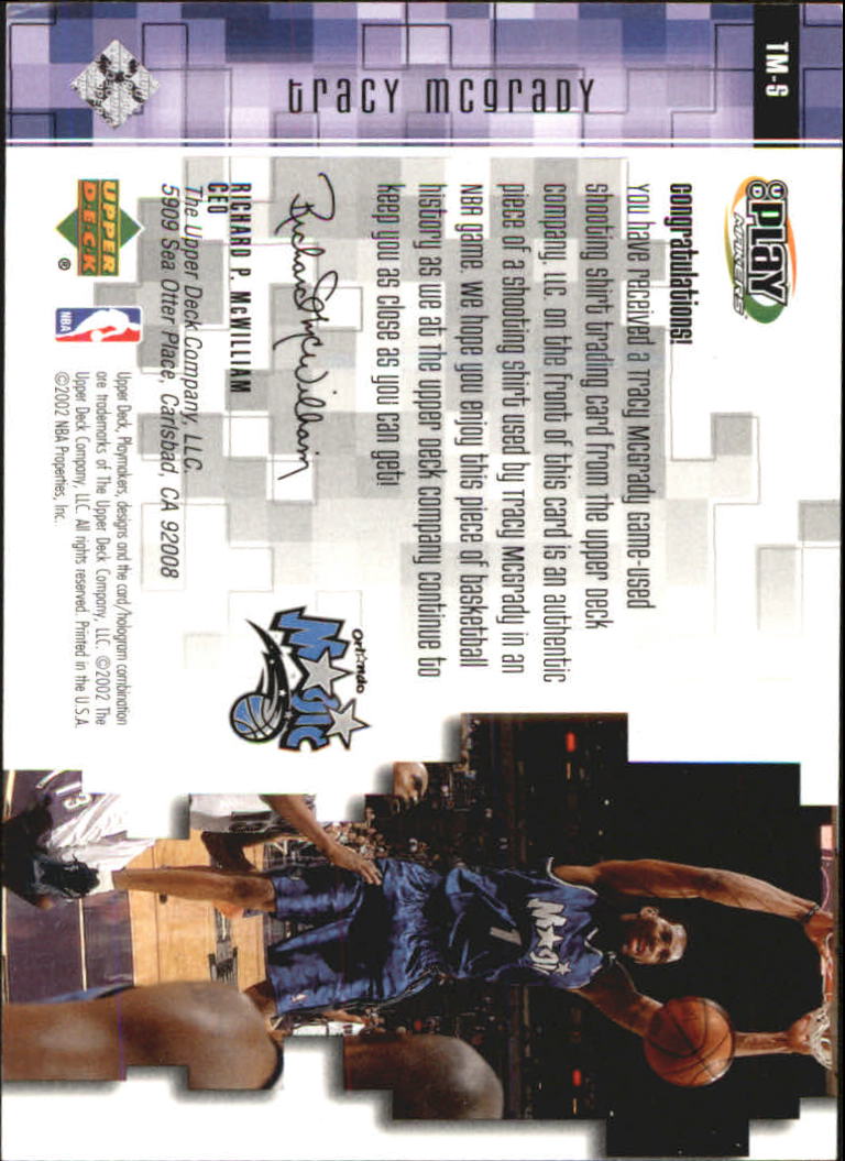 2001-02 Upper Deck Playmakers PC Shooting Shirt #TMS Tracy McGrady back image