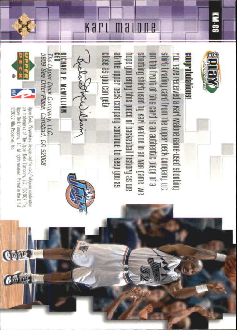 2001-02 Upper Deck Playmakers PC Shooting Shirt Gold #KMGS Karl Malone back image