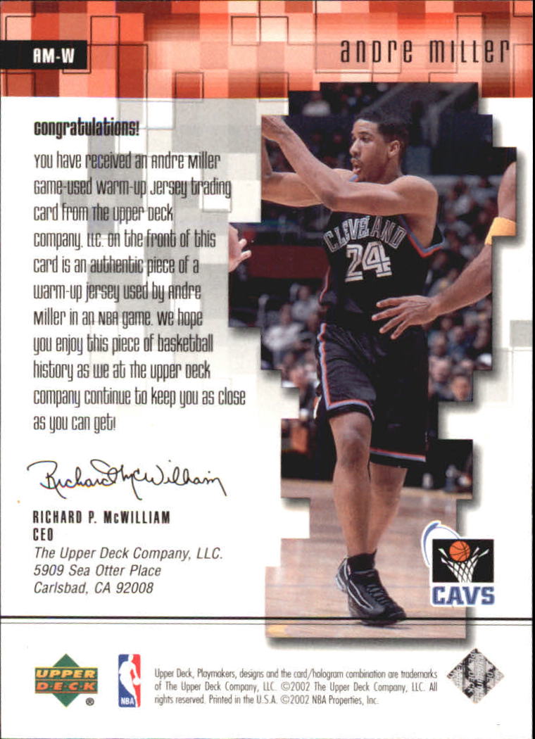 2001-02 Upper Deck Playmakers PC Warm Up #AMW Andre Miller back image