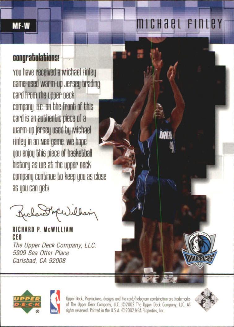 2001-02 Upper Deck Playmakers PC Warm Up #MFW Michael Finley back image