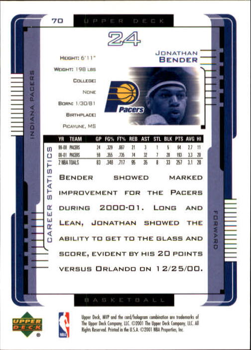 2001-02 Upper Deck MVP #70 Jonathan Bender back image