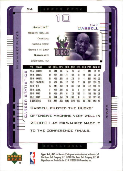 2001-02 Upper Deck MVP #94 Sam Cassell back image