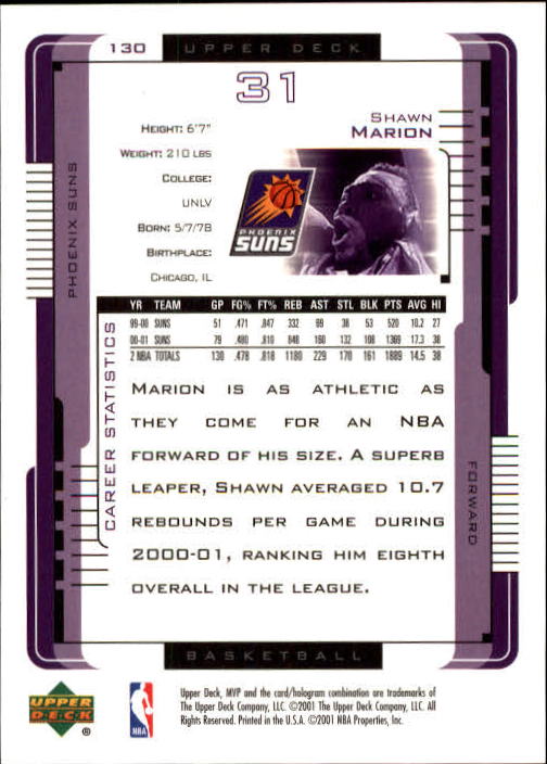 2001-02 Upper Deck MVP #130 Shawn Marion back image