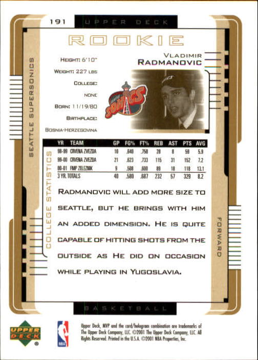2001-02 Upper Deck MVP #191 Vladimir Radmanovic RC back image