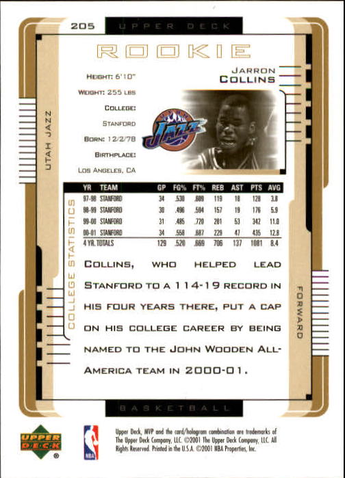 2001-02 Upper Deck MVP #205 Jarron Collins RC back image