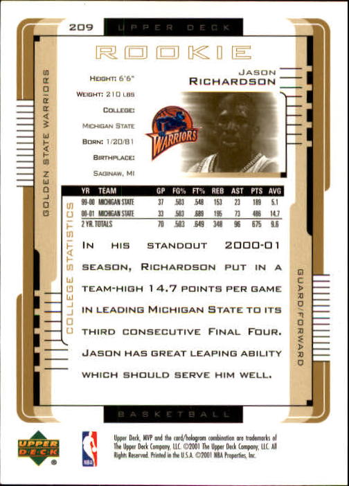 2001-02 Upper Deck MVP #209 Jason Richardson RC back image