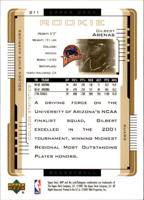 2001-02 Upper Deck MVP #211 Gilbert Arenas RC back image