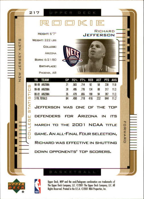 2001-02 Upper Deck MVP #217 Richard Jefferson RC back image