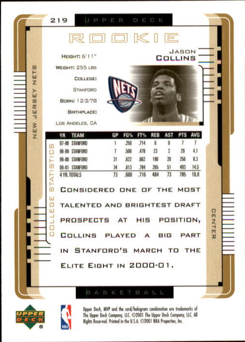 2001-02 Upper Deck MVP #219 Jason Collins RC back image
