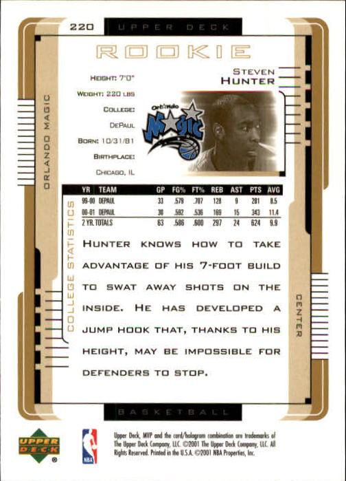 2001-02 Upper Deck MVP #220 Steven Hunter RC back image