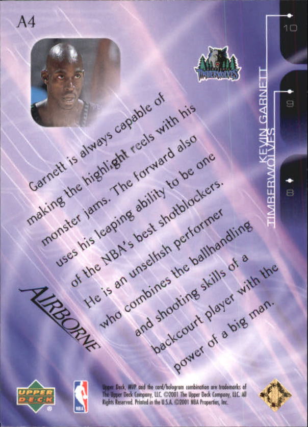 2001-02 Upper Deck MVP Airborne #A4 Kevin Garnett back image