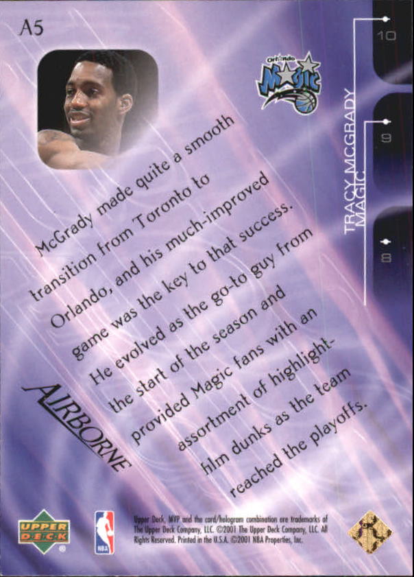 2001-02 Upper Deck MVP Airborne #A5 Tracy McGrady back image