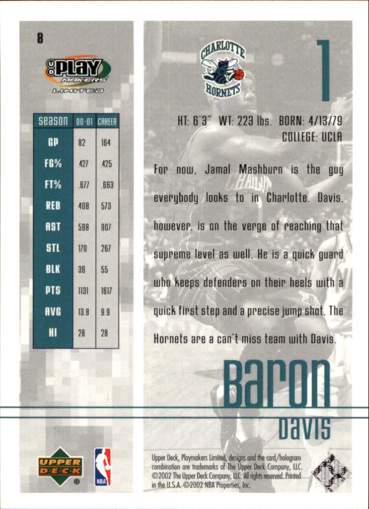 2001-02 Upper Deck Playmakers #8 Baron Davis back image
